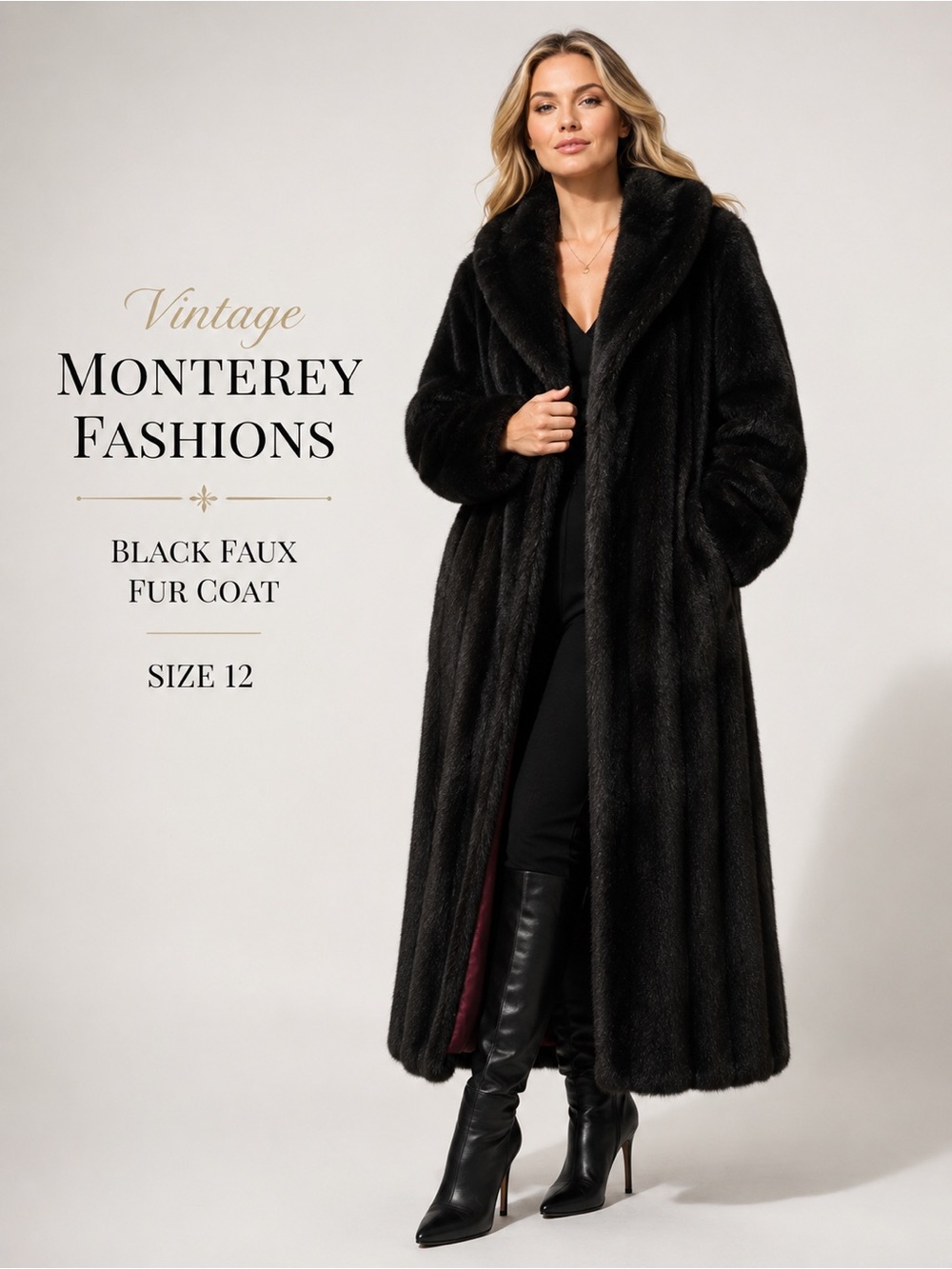 Vintage Monterey Fashions Black Faux Fur Full-Length Coat Size 12  Dramatic